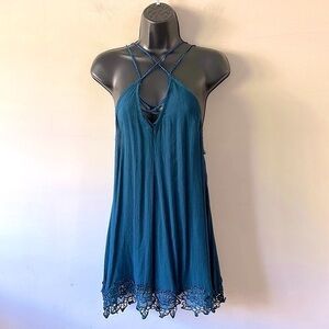 NWT Free People Wicked Spell Tank Top Lace Criss Cross Gauze Turquoise small